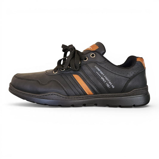 BRIKLYN black faux leather casual sneakers with tan accents, lace-up closure, and perforated detailing.