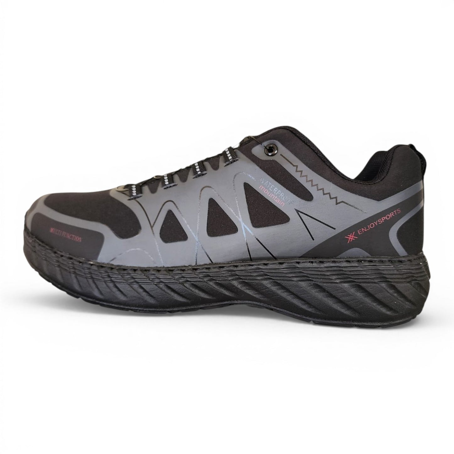 BRIKLYN all-black athletic shoes with grey accents, waterproof mountain design, and mesh upper. Features robust outsole for grip.