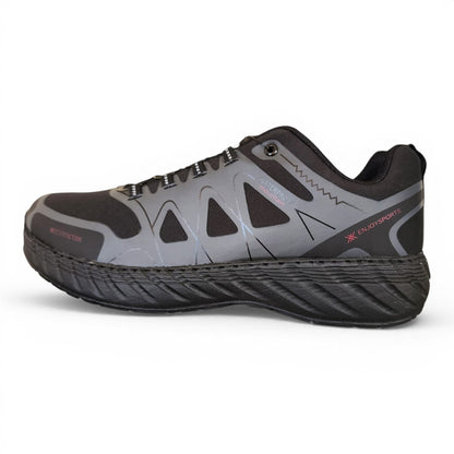 BRIKLYN all-black athletic shoes with grey accents, waterproof mountain design, and mesh upper. Features robust outsole for grip.