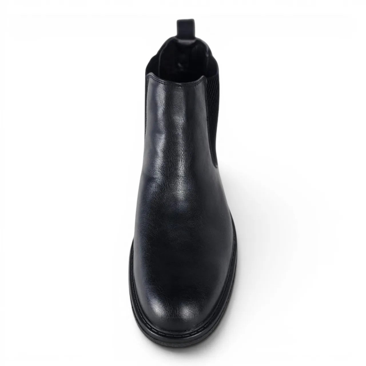 BRIKLYN classic black faux leather Chelsea boots with elasticated side panels and lug sole.