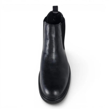 BRIKLYN classic black faux leather Chelsea boots with elasticated side panels and lug sole.