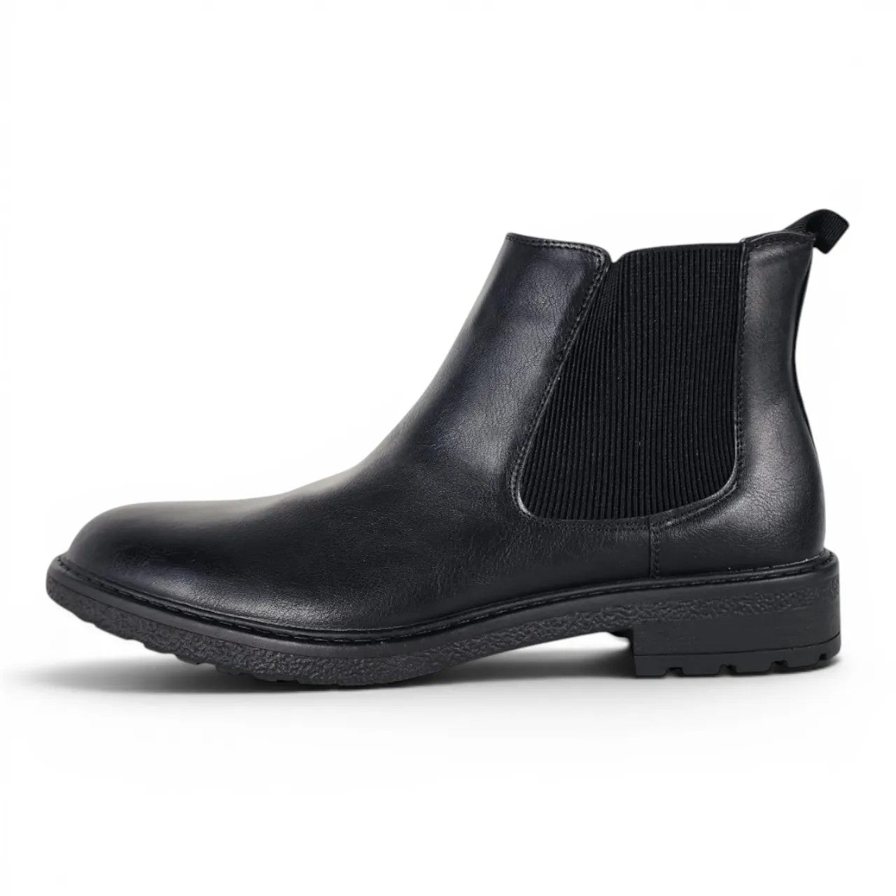 BRIKLYN classic black faux leather Chelsea boots with elasticated side panels and lug sole.