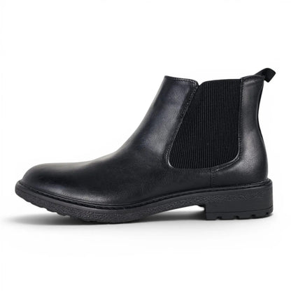 BRIKLYN classic black faux leather Chelsea boots with elasticated side panels and lug sole.