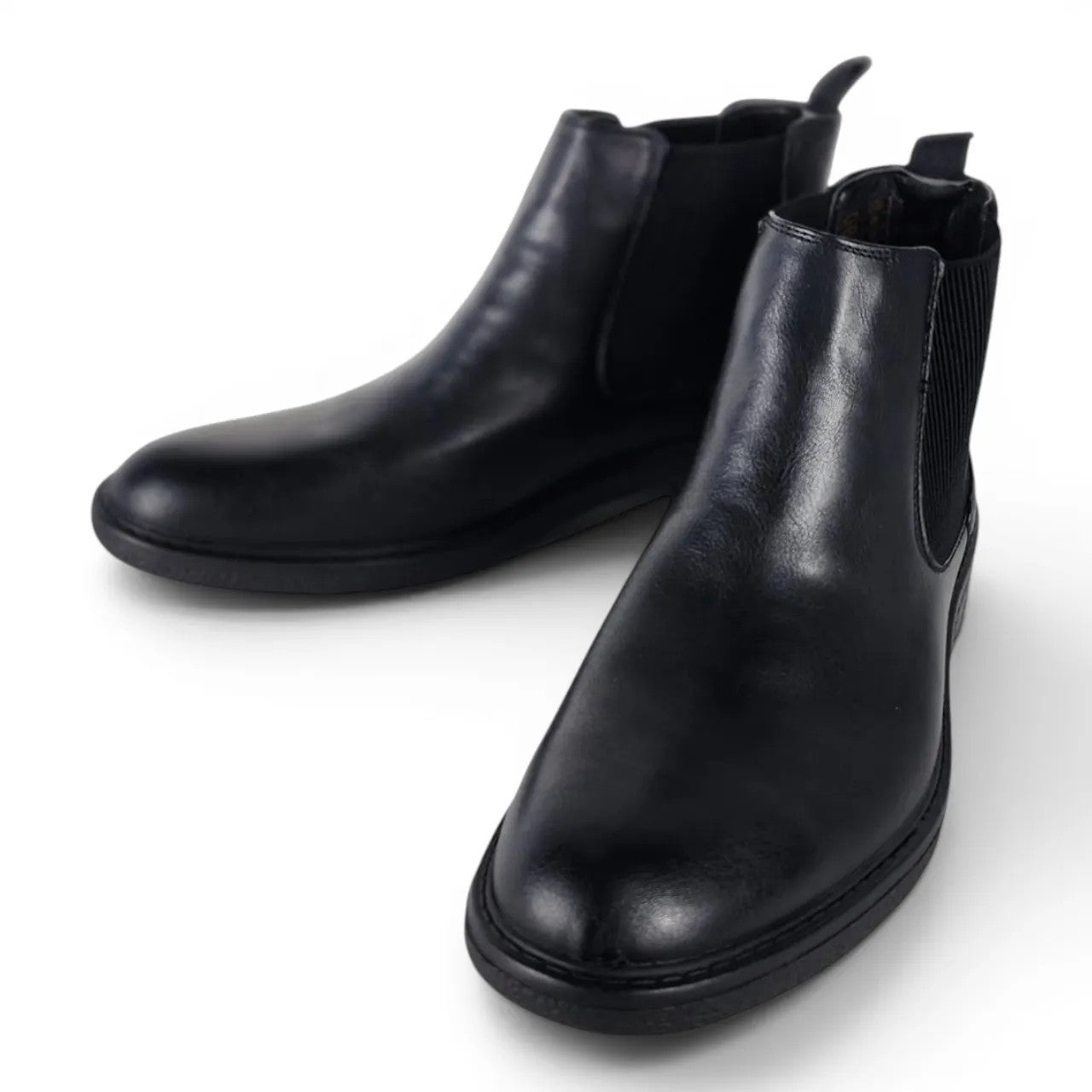 BRIKLYN classic black faux leather Chelsea boots with elasticated side panels and lug sole.