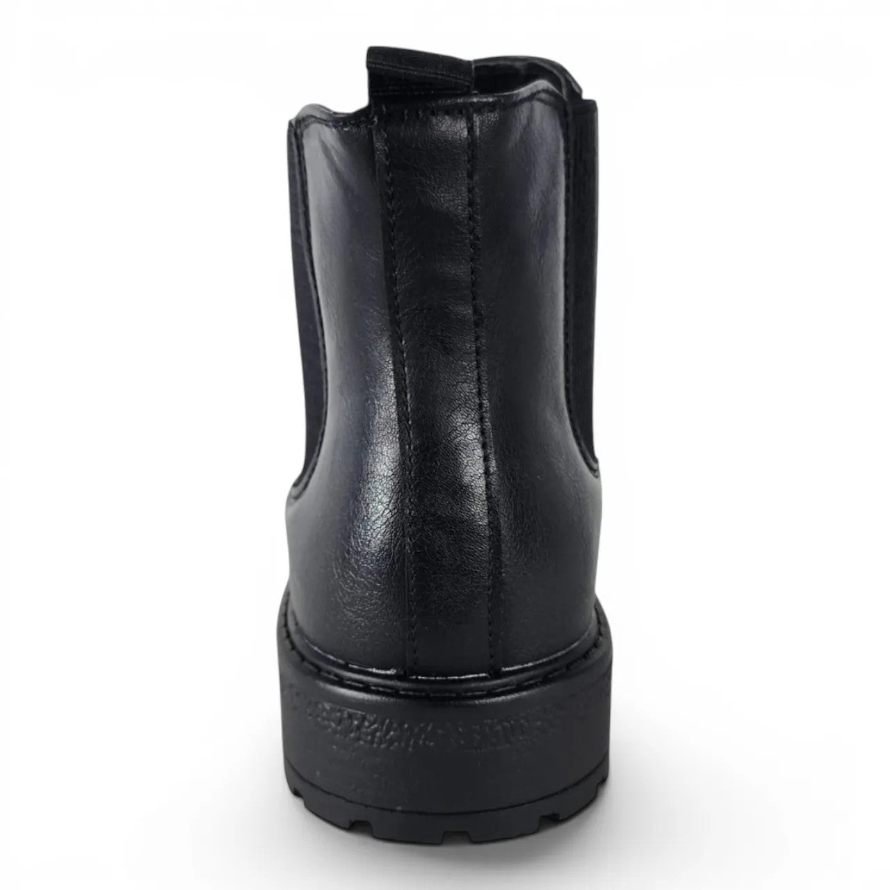 BRIKLYN classic black faux leather Chelsea boots with elasticated side panels and lug sole.