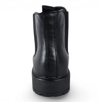 BRIKLYN classic black faux leather Chelsea boots with elasticated side panels and lug sole.