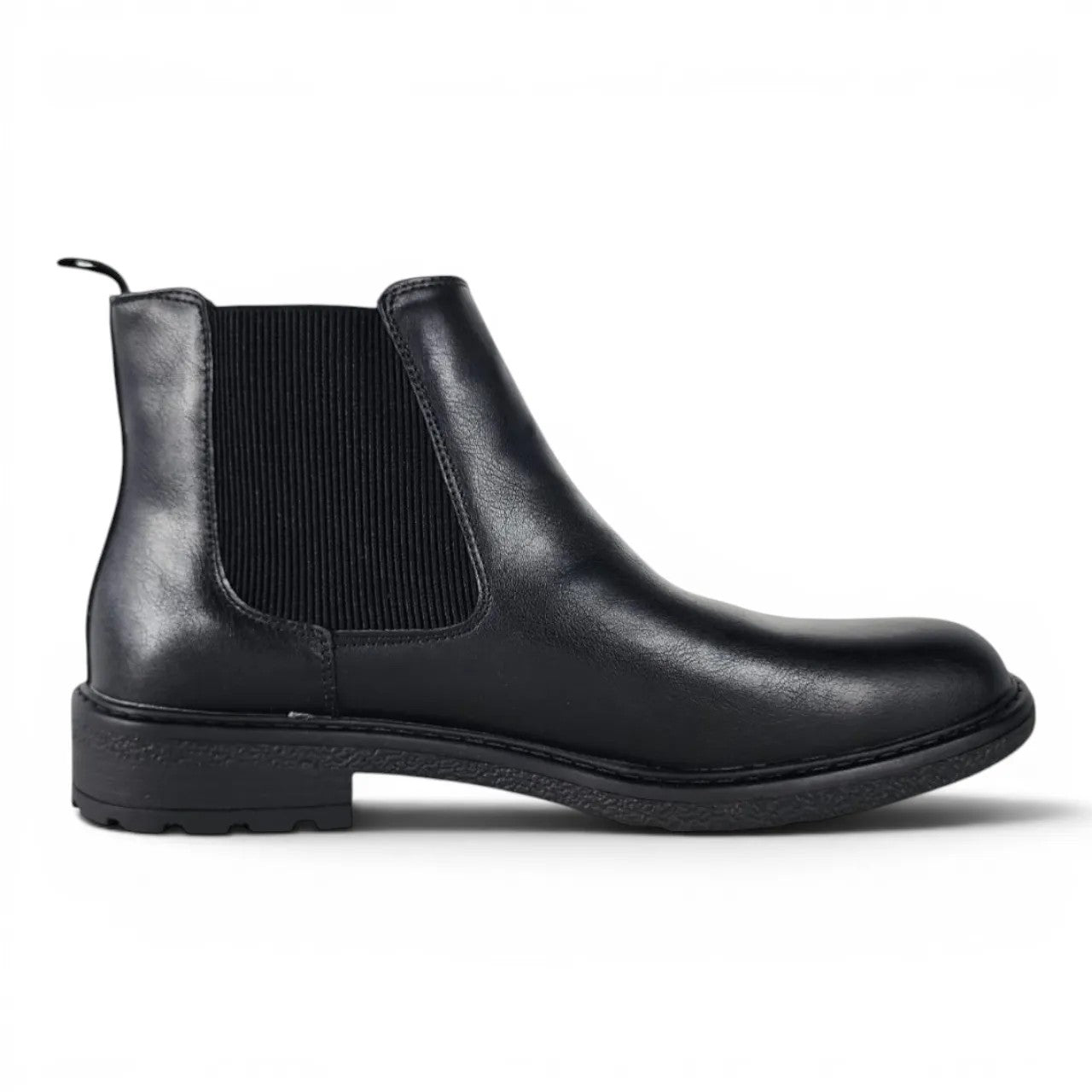 BRIKLYN classic black faux leather Chelsea boots with elasticated side panels and lug sole.