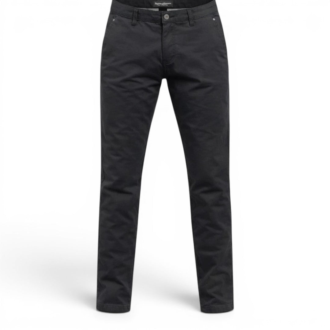 BRIKLYN classic fit black cotton twill chino pants with five-pocket design.