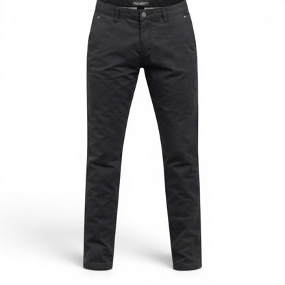 BRIKLYN classic fit black cotton twill chino pants with five-pocket design.