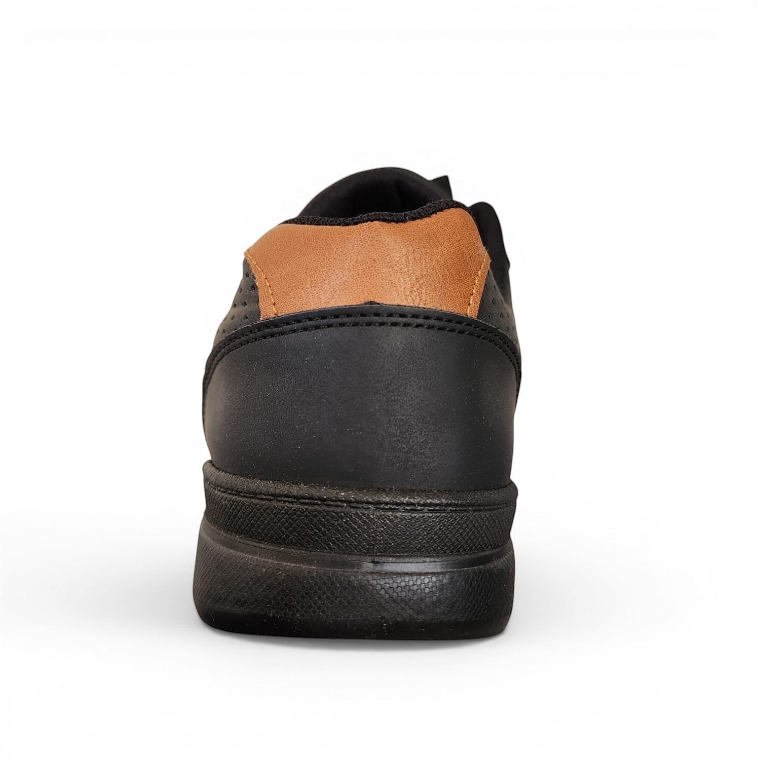 BRIKLYN black faux leather casual sneakers with tan accents and perforated detailing.