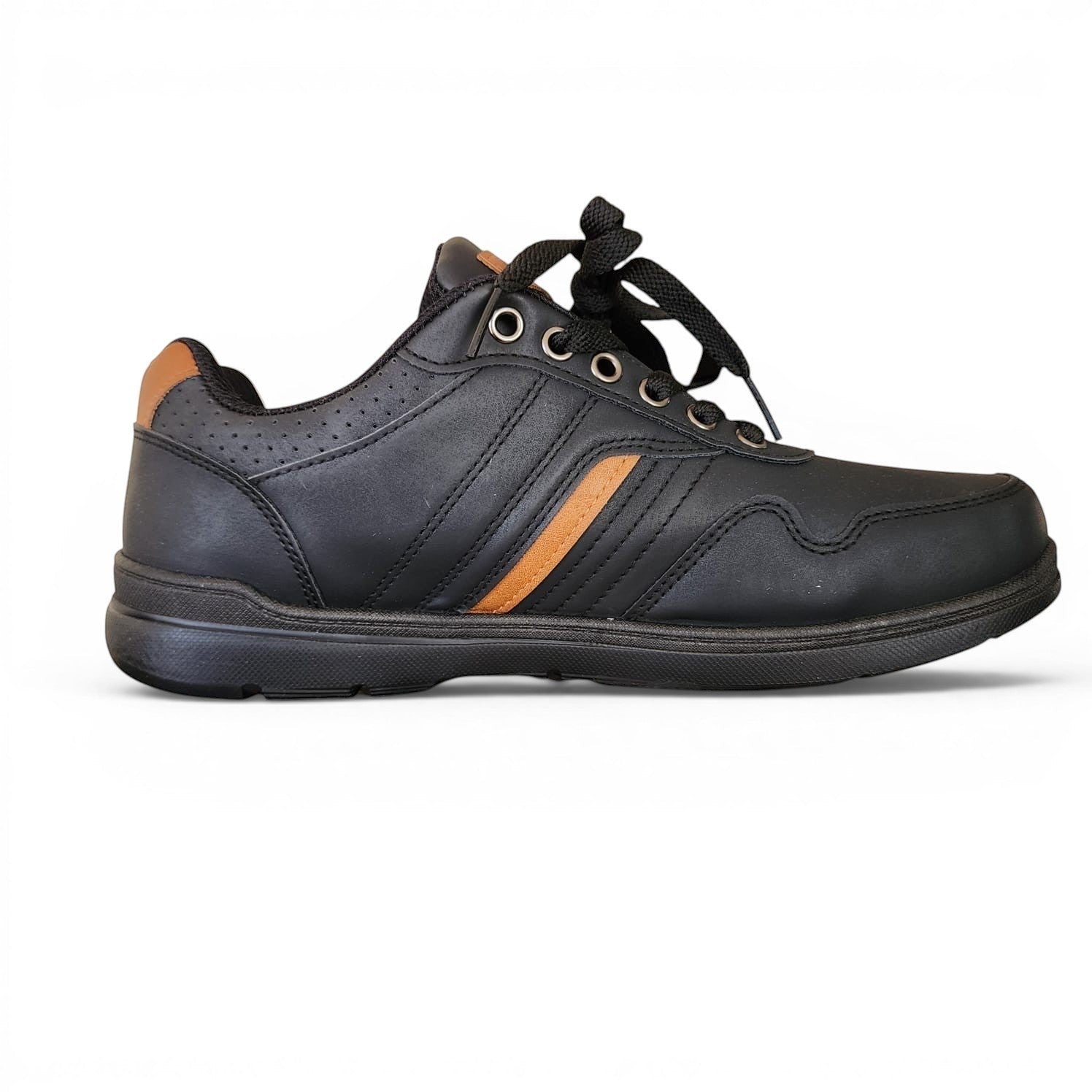 BRIKLYN black faux leather casual sneakers with tan accents, lace-up closure, and perforated detailing.