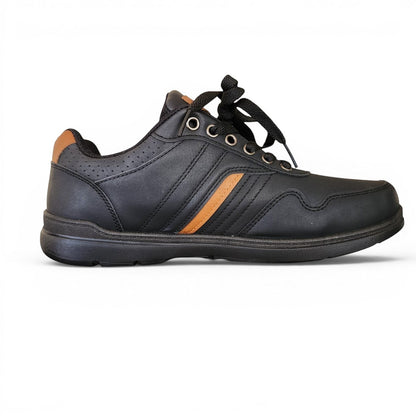 BRIKLYN black faux leather casual sneakers with tan accents, lace-up closure, and perforated detailing.