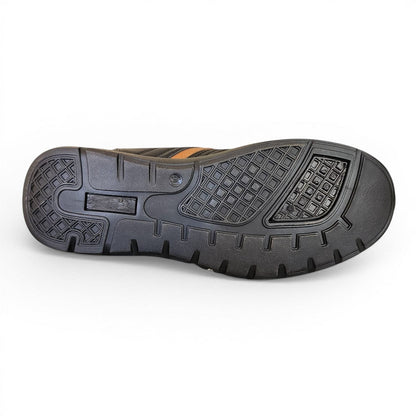BRIKLYN black faux leather casual sneakers with tan accents and lace-up closure.