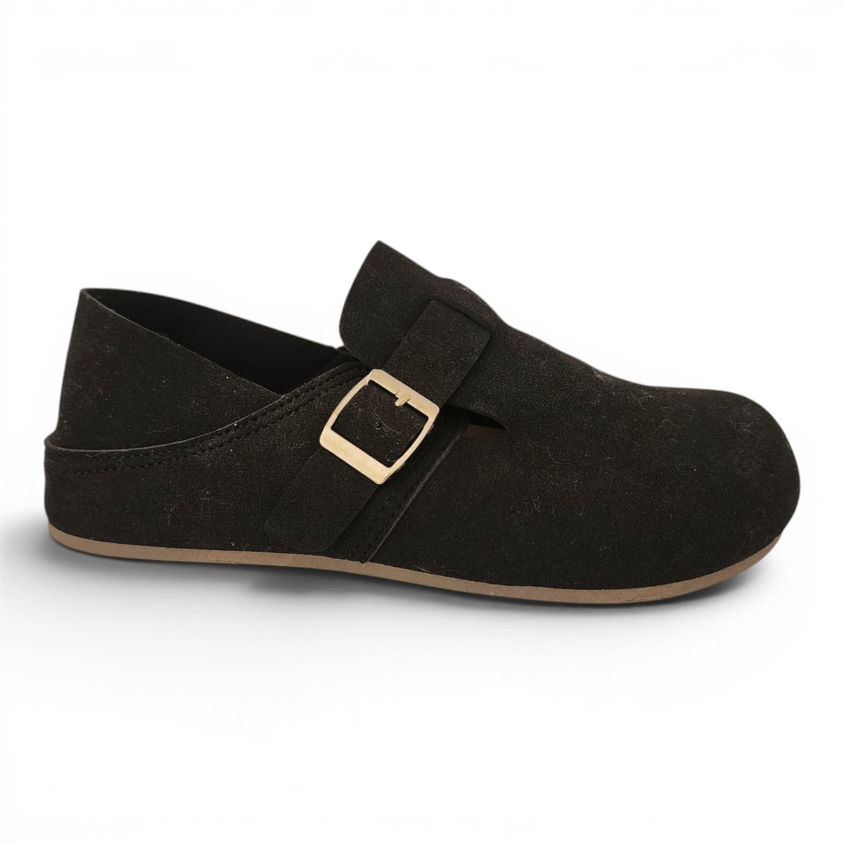 BRIKLYN black suede slip-on clog with an adjustable gold buckle strap and a flat sole for casual comfort.