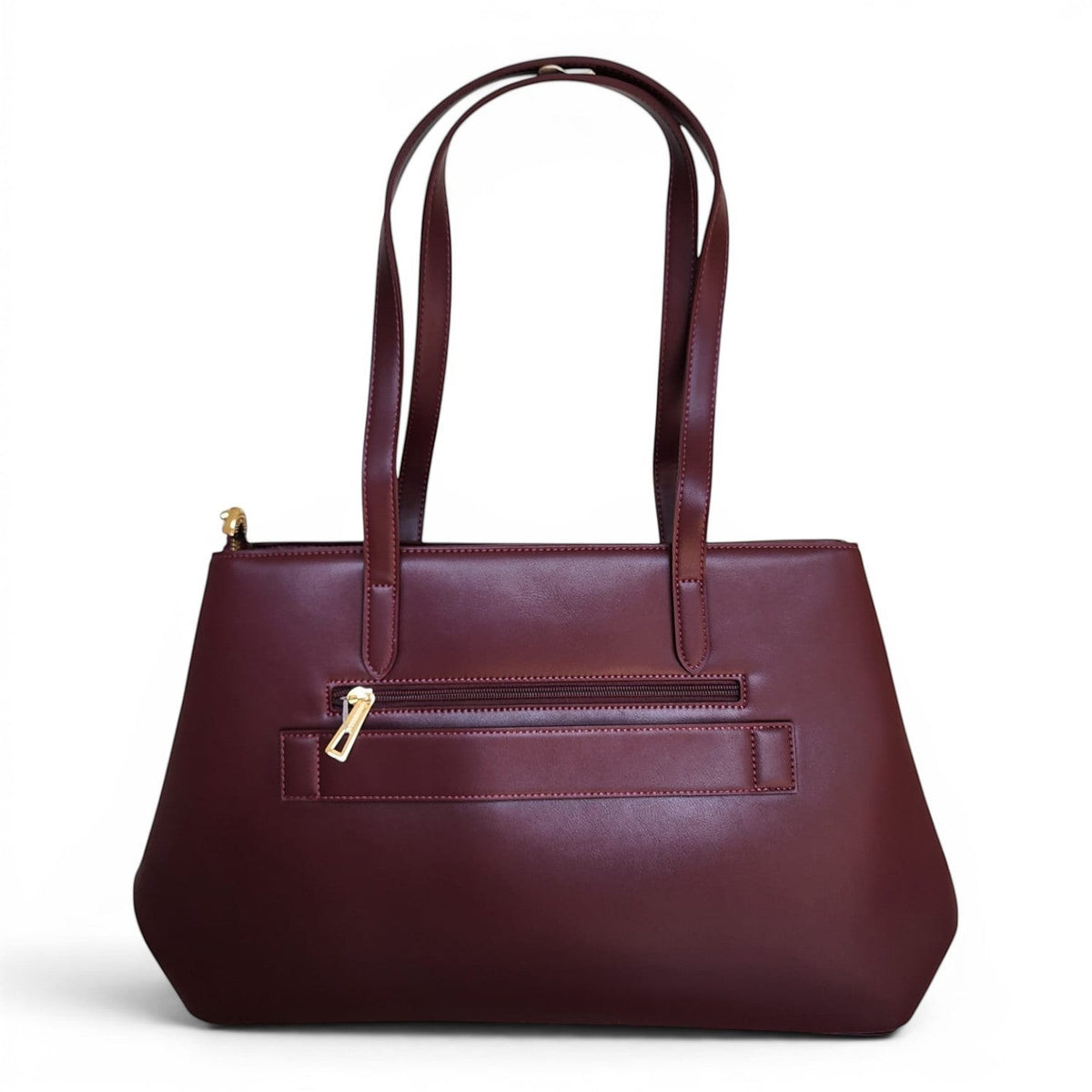 BRIKLYN burgundy synthetic leather tote bag with back zipper pocket and shoulder straps on a white background