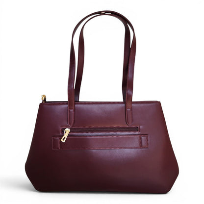 BRIKLYN burgundy synthetic leather tote bag with back zipper pocket and shoulder straps on a white background