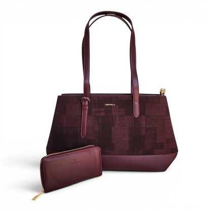 BRIKLYN CHRISBELLA burgundy structured tote handbag with textured geometric pattern and matching zip-around wallet.