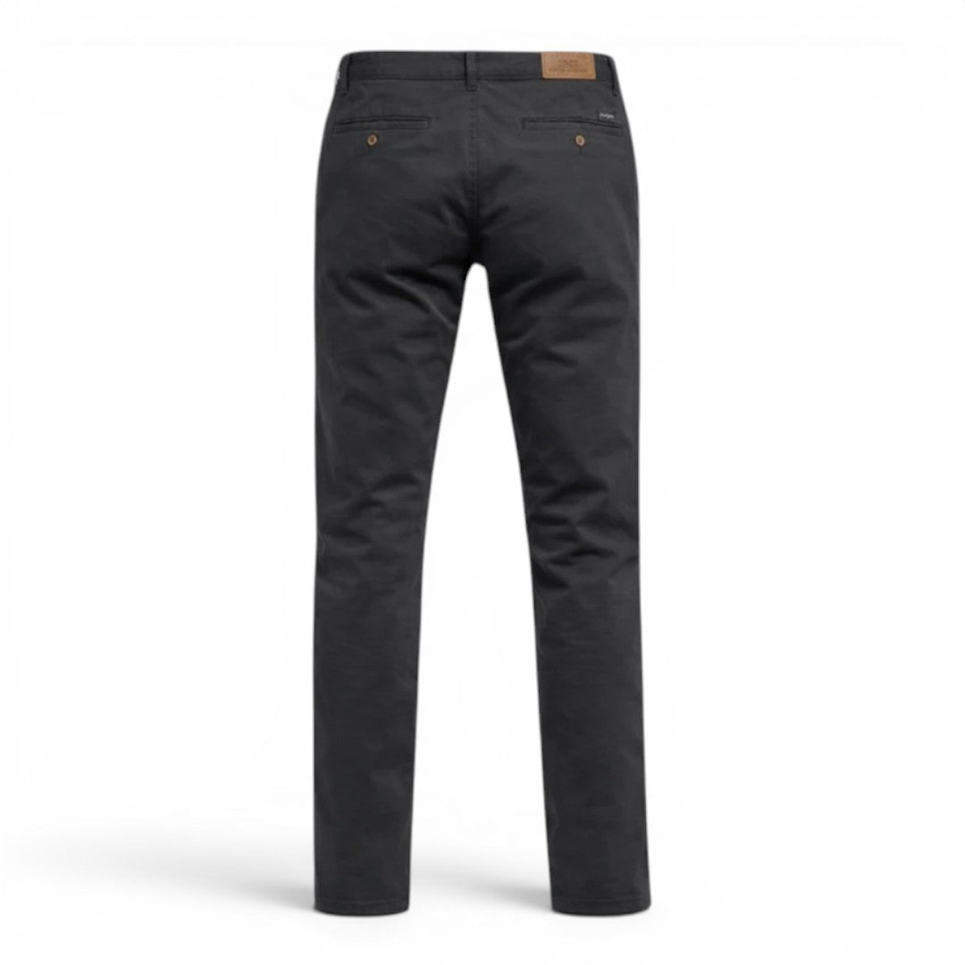 BRIKLYN classic fit dark grey cotton twill chino pants with five-pocket design.
