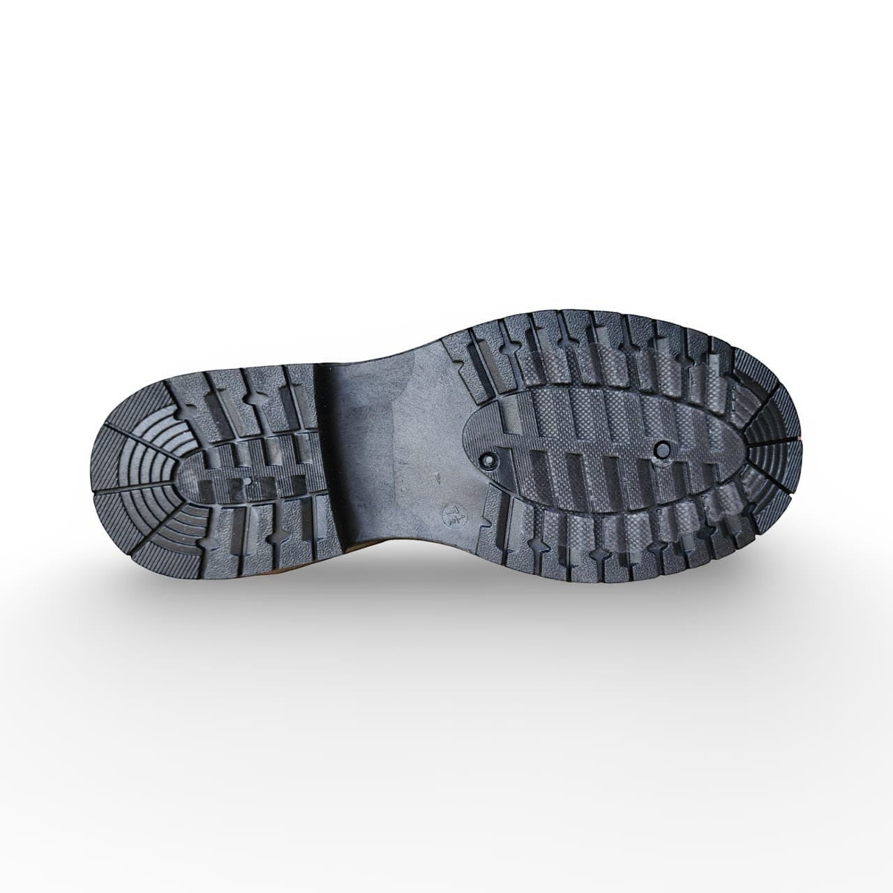 BRIKLYN dark grey faux-suede combat boot sole with lug tread pattern for traction.