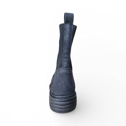 BRIKLYN dark grey faux-suede combat boots with ribbed knit shaft and lug sole.