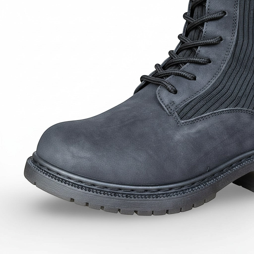 BRIKLYN dark grey faux-suede combat boot with ribbed knit shaft and lace-up front.
