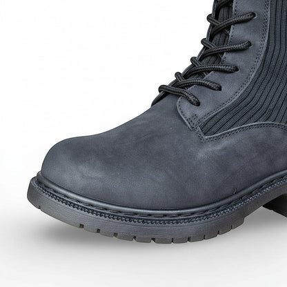BRIKLYN dark grey faux-suede combat boot with ribbed knit shaft and lace-up front.