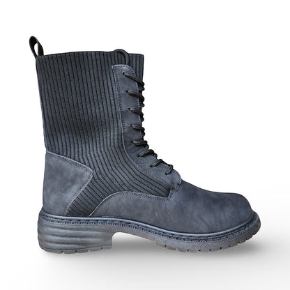 BRIKLYN dark grey faux-suede combat boot with ribbed knit shaft and lug sole.