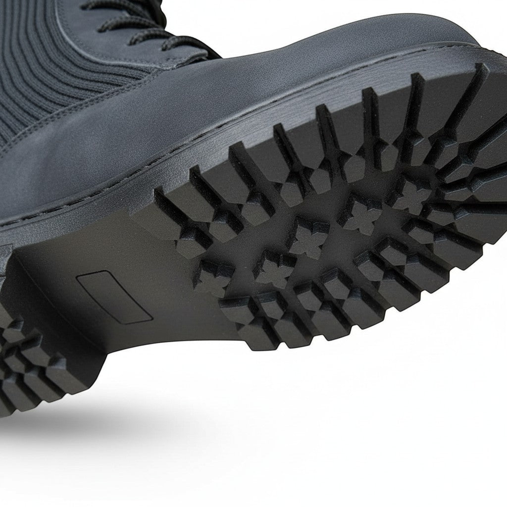 BRIKLYN dark grey faux-suede combat boots with ribbed knit cuff and lug sole.