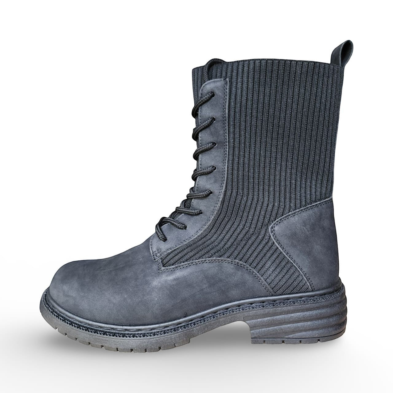 BRIKLYN dark grey faux-suede combat boots with ribbed knit shaft and lug sole.