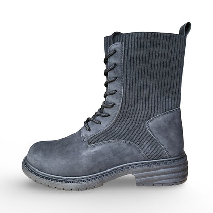 BRIKLYN dark grey faux-suede combat boots with ribbed knit shaft and lug sole.