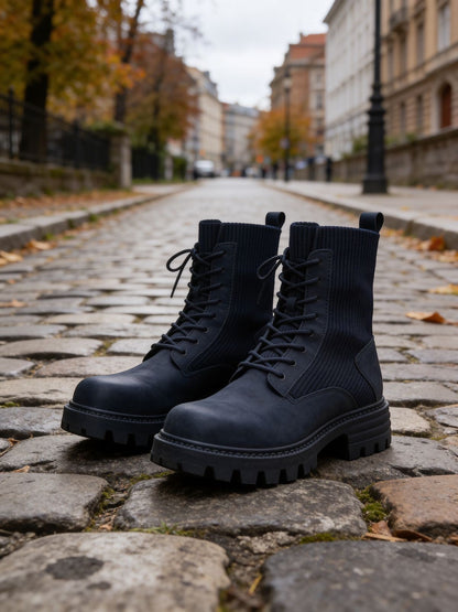 BRIKLYN dark grey faux-suede combat boots with ribbed knit shaft and lug sole.