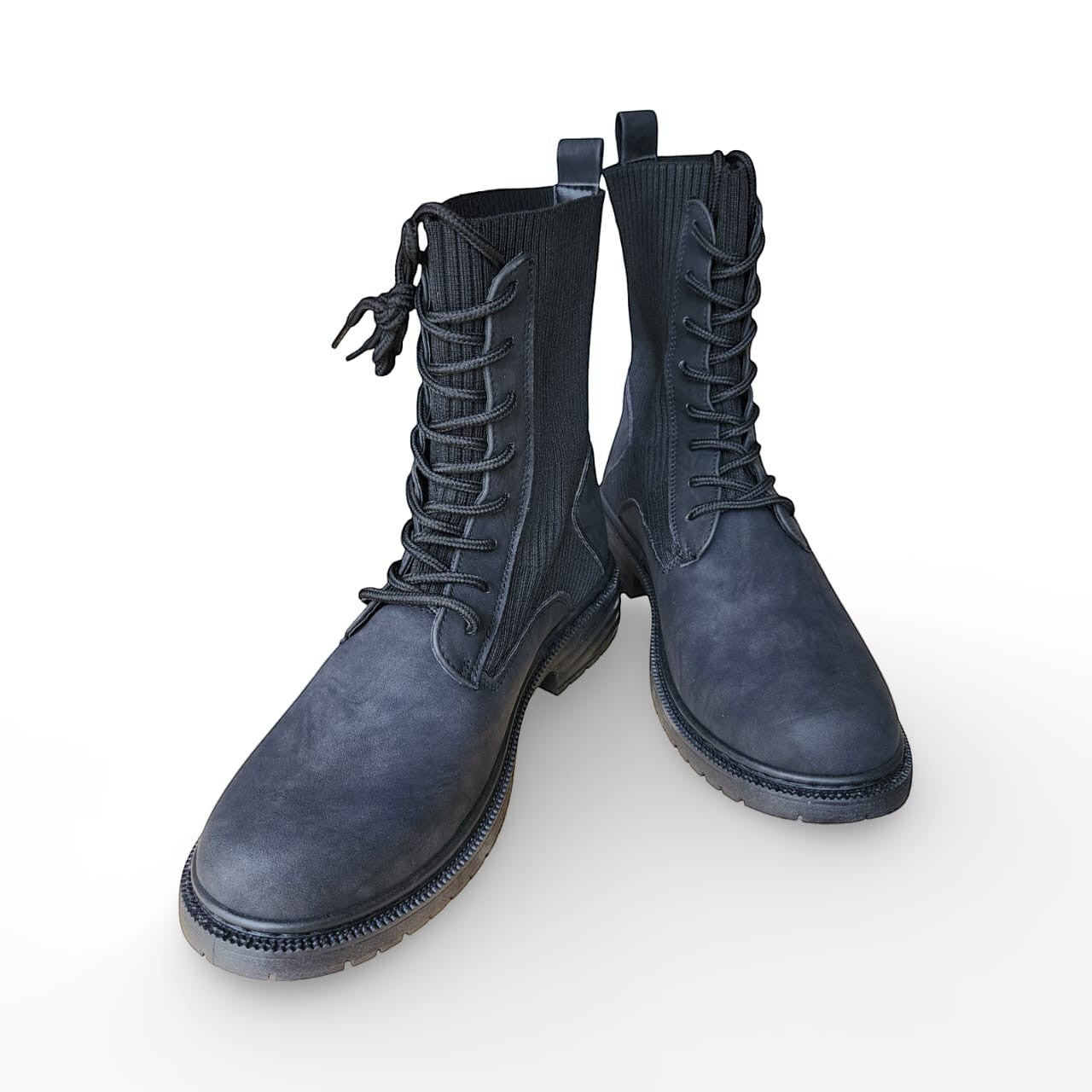 BRIKLYN dark grey faux-suede combat boots with ribbed knit shaft and lace-up front.