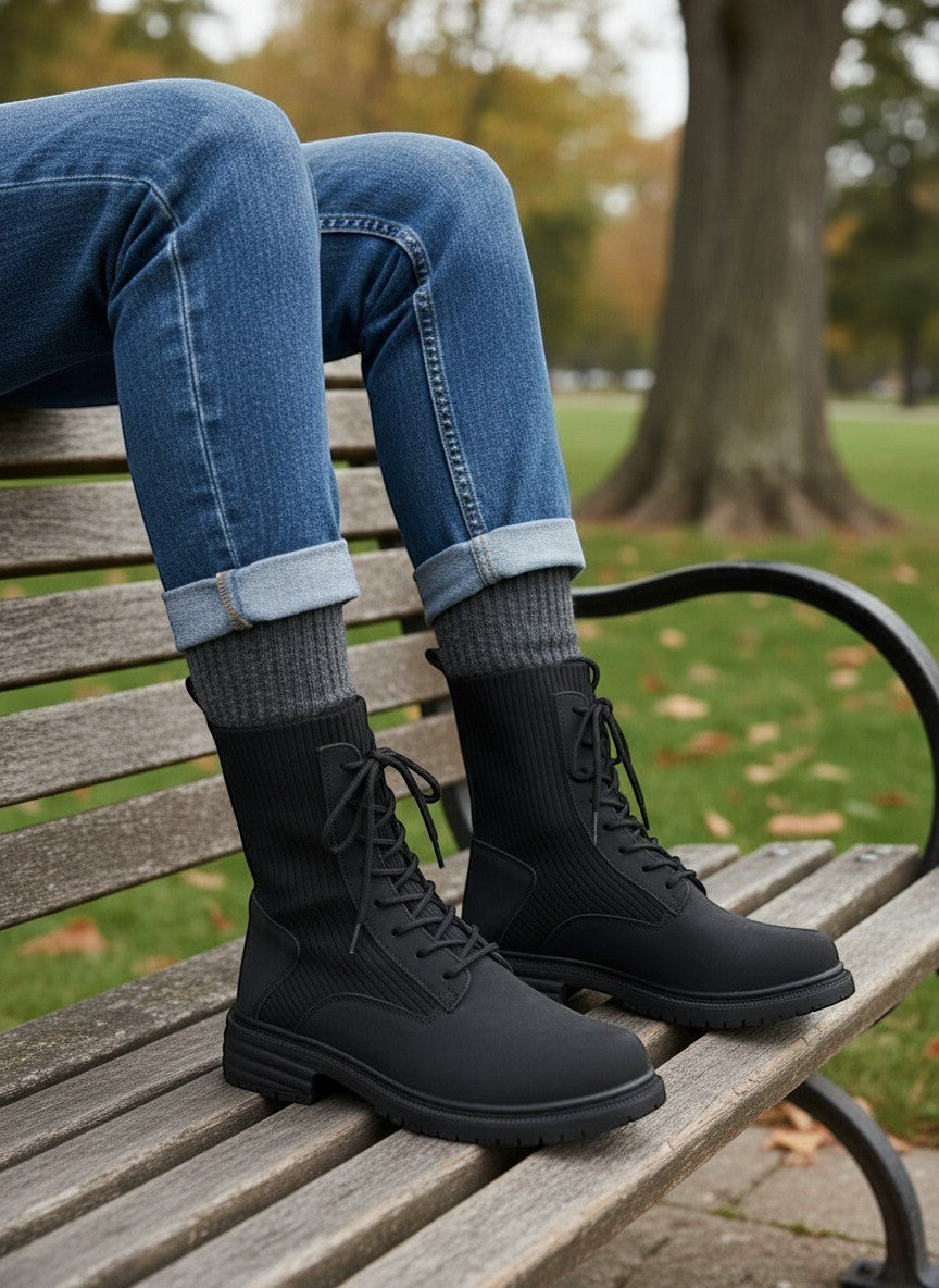 BRIKLYN dark grey faux-suede combat boots with ribbed knit shaft and lug sole.