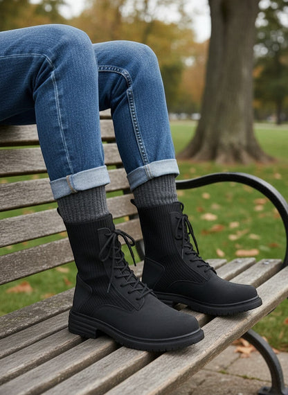 BRIKLYN dark grey faux-suede combat boots with ribbed knit shaft and lug sole.