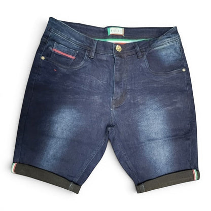BRIKLYN men's dark wash denim shorts with cuffed hems and striped waistband detail.