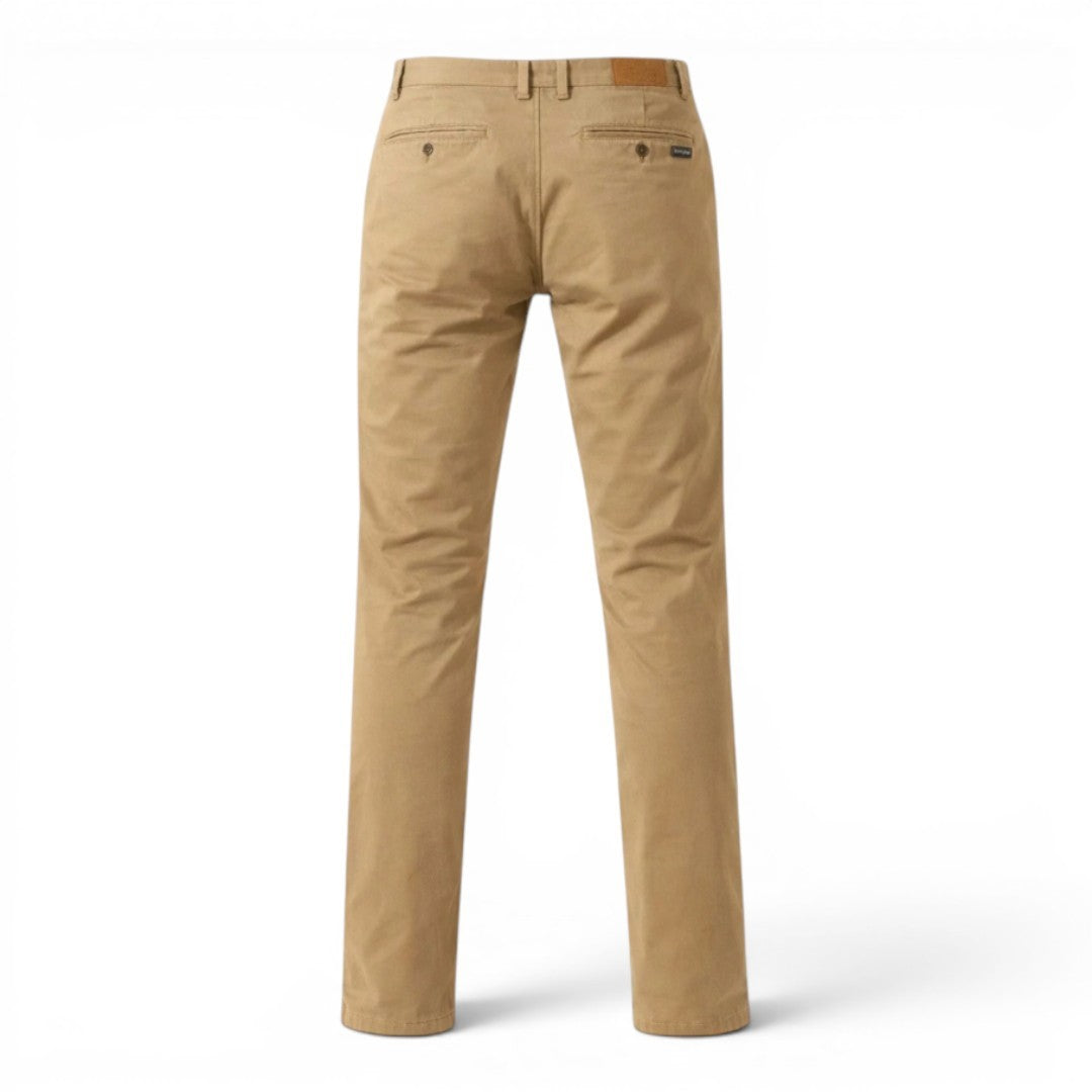 BRIKLYN classic fit khaki cotton twill chino pants with five-pocket design and clean silhouette.