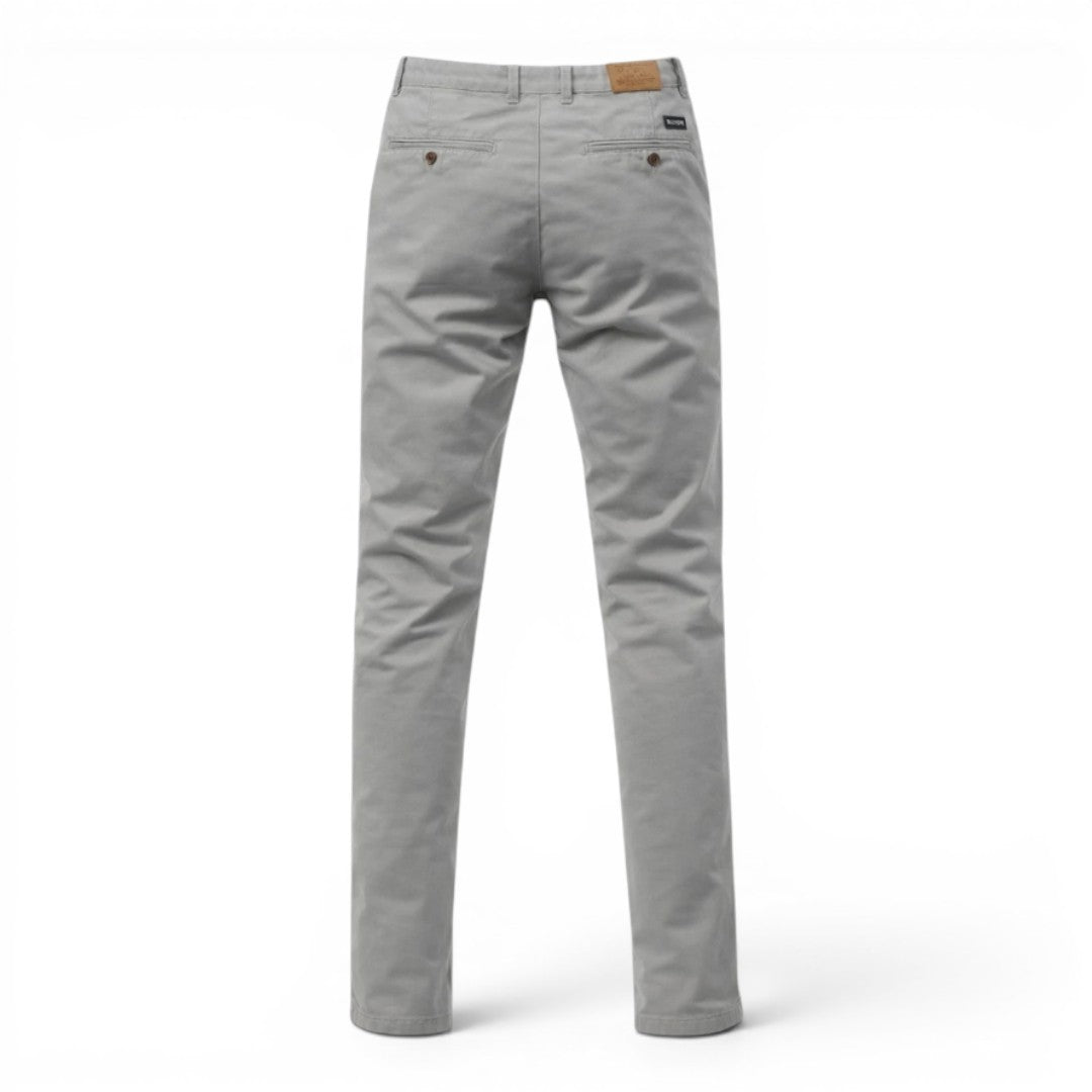 BRIKLYN classic fit light grey cotton twill chino pants with five-pocket design.