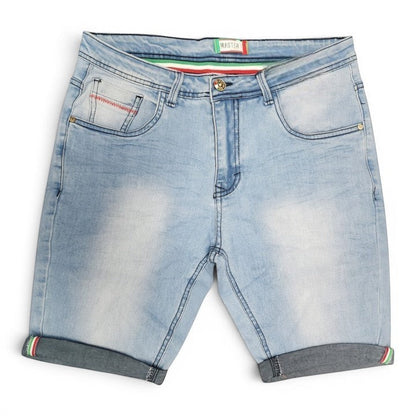 BRIKLYN men's light-wash denim shorts with cuffed hems and a striped waistband. Features classic five-pocket design.