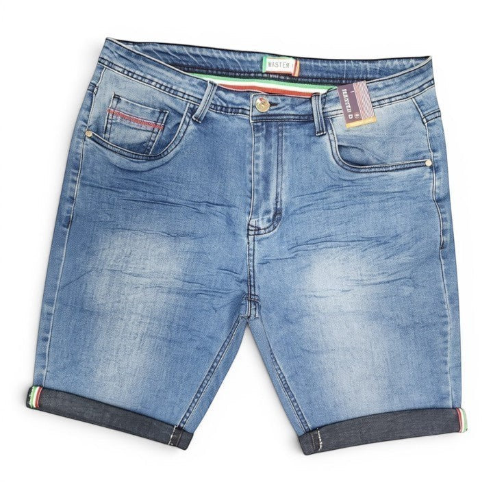 BRIKLYN men's light-wash denim shorts with cuffed hem and striped waistband. Features five-pocket design and embroidered details.