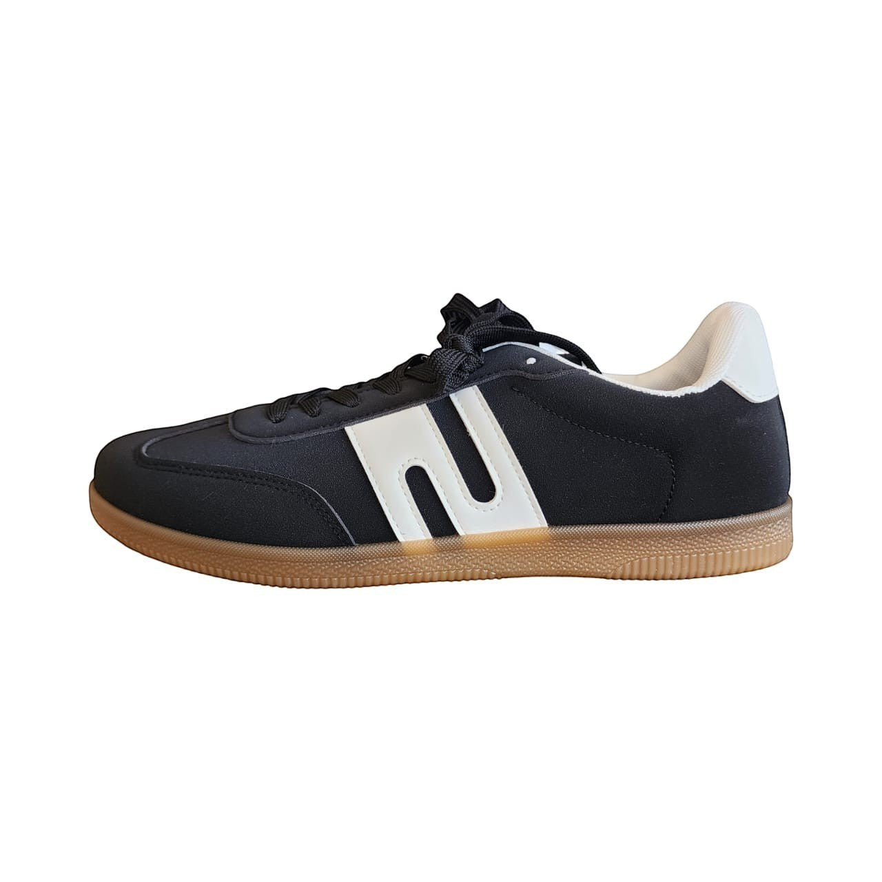 BRIKLYN men's black retro sneakers with white side logo and heel tab, gum rubber sole.