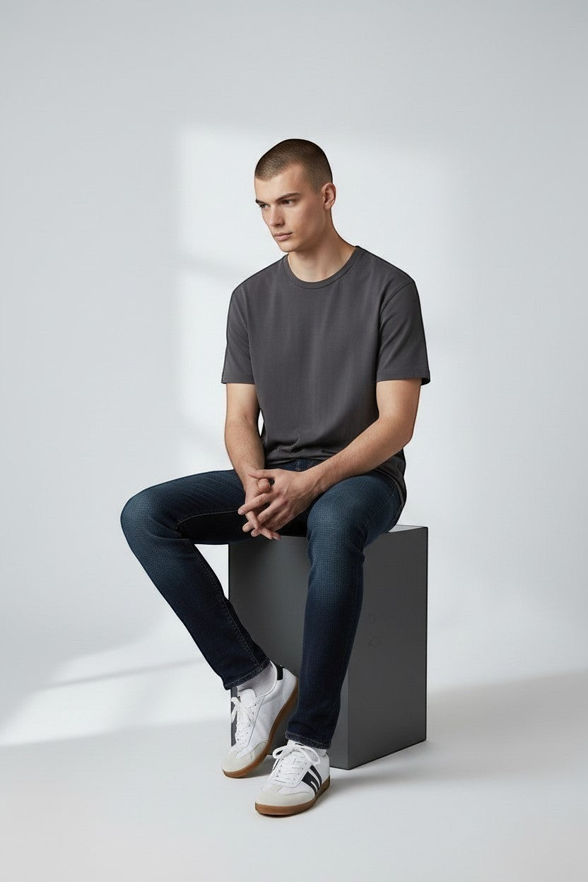 BRIKLYN men's retro court-style sneakers in white with black stripes and gum sole.