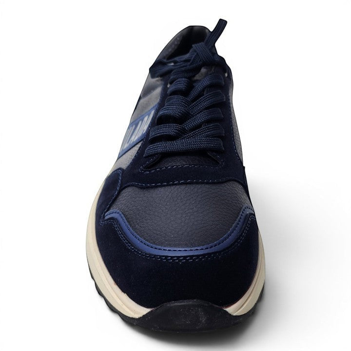 BRIKLYN men's navy blue suede and textured leather casual sneakers with cream sole and lace-up closure.