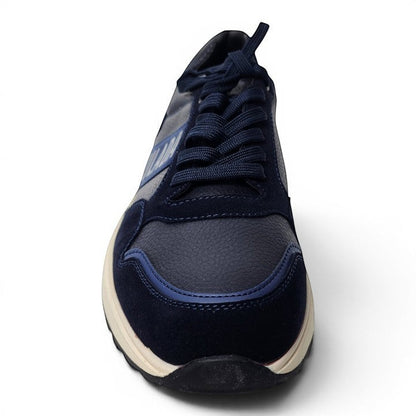 BRIKLYN men's navy blue suede and textured leather casual sneakers with cream sole and lace-up closure.