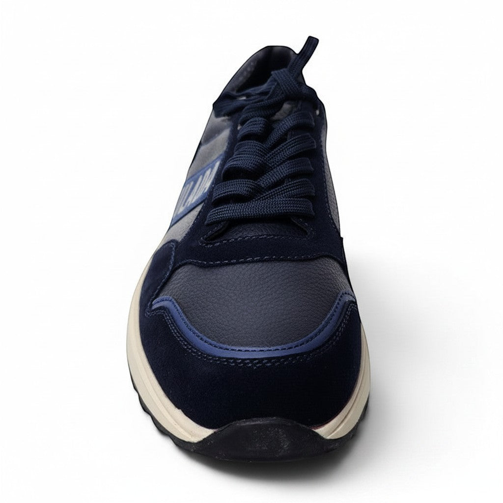 BRIKLYN men's navy blue suede and leather casual sneakers with cream sole and lace-up closure.
