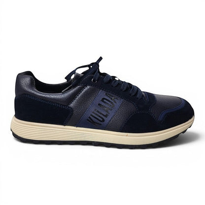 BRIKLYN men's navy blue suede and textured leather casual sneakers with cream sole and lace-up closure.
