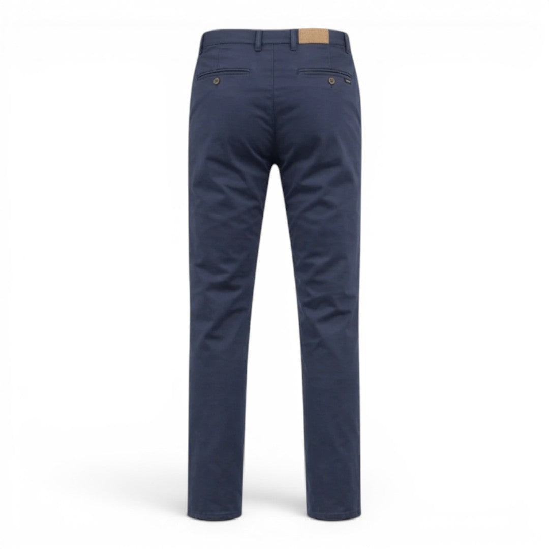 BRIKLYN classic fit navy blue cotton twill chino pants with five-pocket design.