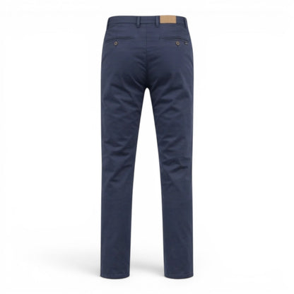 BRIKLYN classic fit navy blue cotton twill chino pants with five-pocket design.