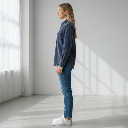 BRIKLYN navy corduroy long sleeve button-up shirt with two chest pockets and Italian flag detail.