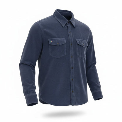 BRIKLYN navy blue corduroy long sleeve shirt with two chest pockets and Italian flag detail.
