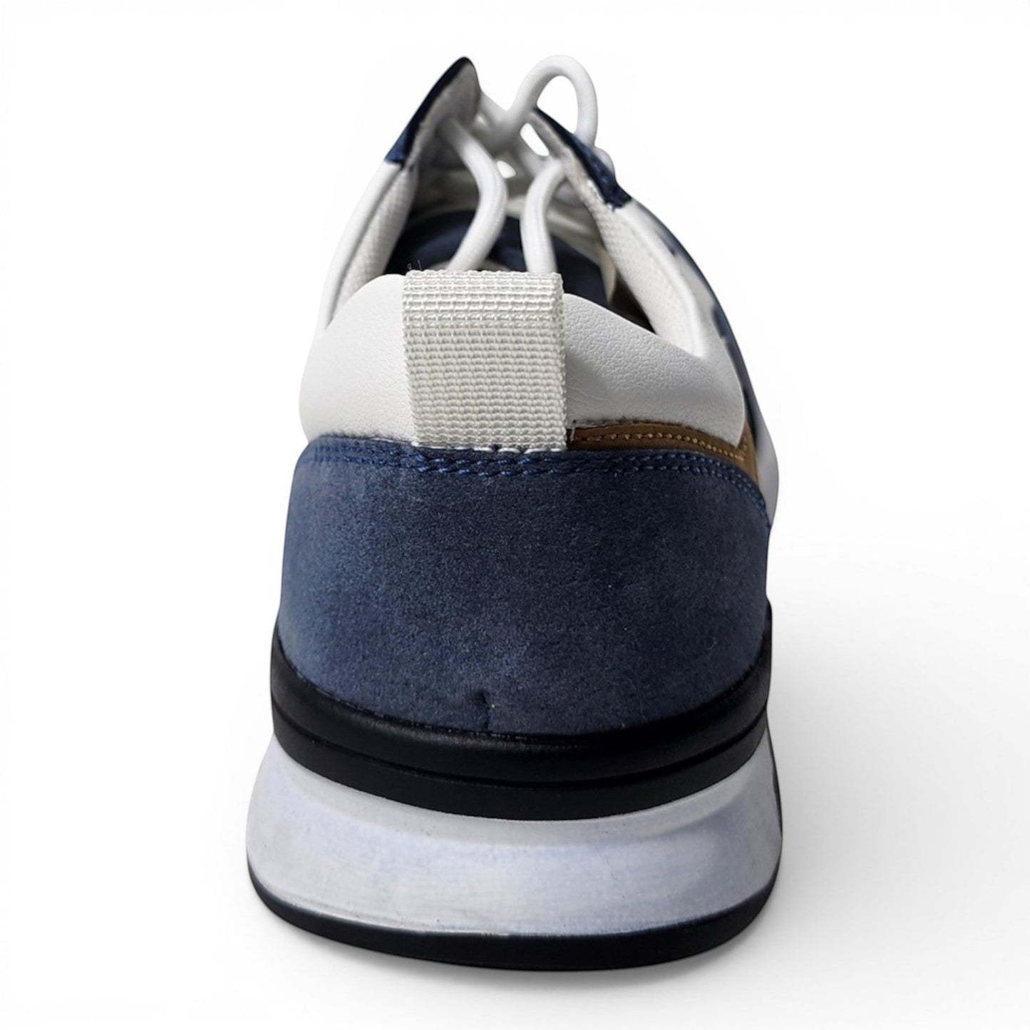 BRIKLYN men's navy blue suede and leather lace-up sneakers with white and tan accents.